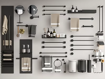 Modern Bathroom Accessories Set With Towel Racks Mirrors Soap Dispensers Trash Bins And Toilet Brushes 3d model
