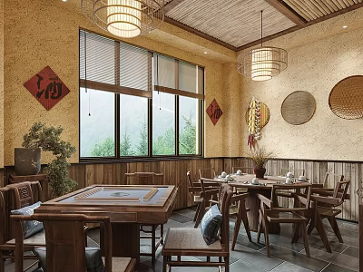 Traditional Chinese Private Room With Wooden Furniture Red Decor And Large Windows 3d model