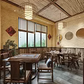 Traditional Chinese Private Room With Wooden Furniture Red Decor And Large Windows