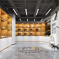 Bright Pet Supply Store Reception Desk With Yellow White Design Cat Logo And Wooden Shelves