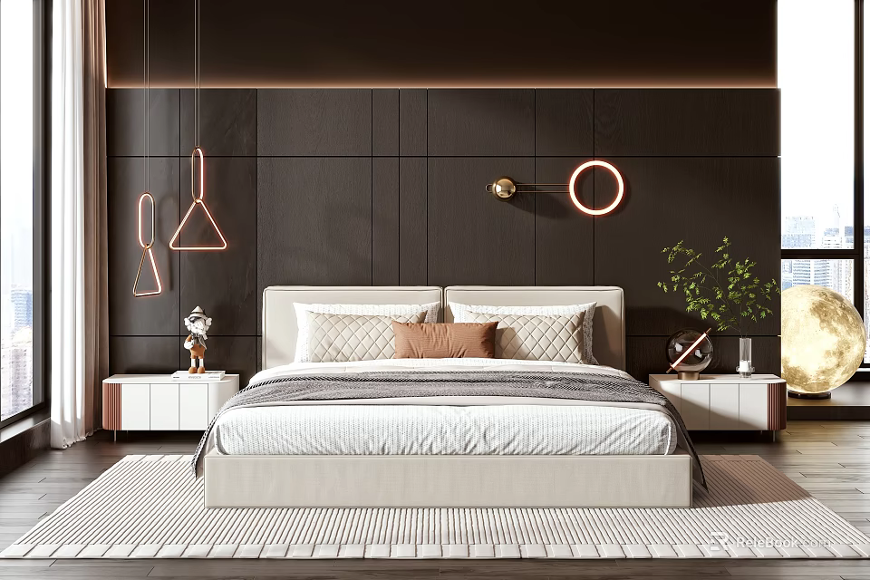 Modern Double Bed Bedroom Interior With Dark Wall Hanging Lights And Nightstands 3d model 