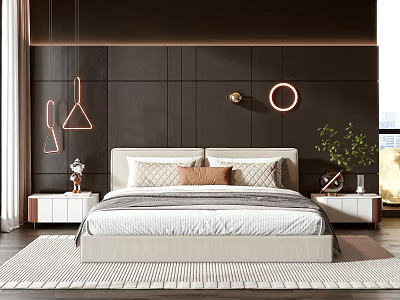 Modern Double Bed Bedroom Interior With Dark Wall Hanging Lights And Nightstands 3d model