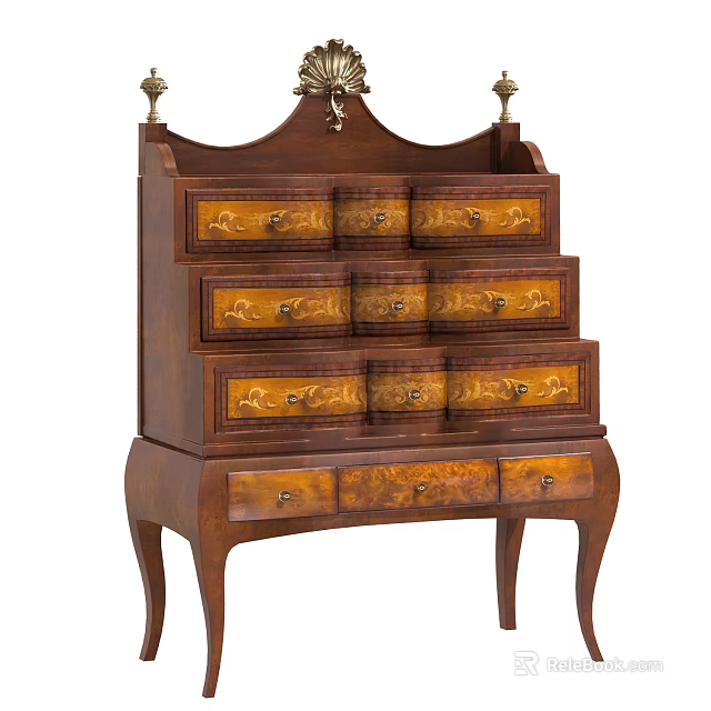 Elegant Traditional Wooden Decorative Cabinet With Multiple Drawers And Carved Details 3d model 