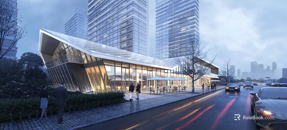 Modern Sales Office Building With Glass Curtain Walls Pedestrians And Urban Tall Buildings 3d model 