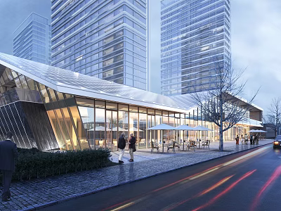 Modern Sales Office Building With Glass Curtain Walls Pedestrians And Urban Tall Buildings 3d model