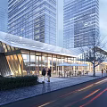 Modern Sales Office Building With Glass Curtain Walls Pedestrians And Urban Tall Buildings
