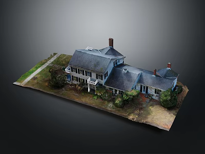 Scenic Residential Model House Landscape With Gray Roof Chimneys Green Grass And Trees 3d model