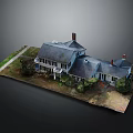 Scenic Residential Model House Landscape With Gray Roof Chimneys Green Grass And Trees
