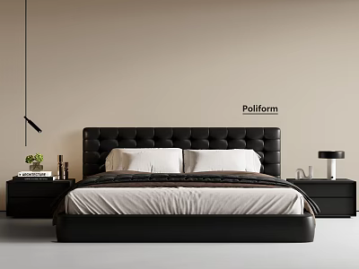 Modern Black Double Bed With Tufted Headboard White Pillows And Nightstands 3d model