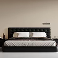 Modern Black Double Bed With Tufted Headboard White Pillows And Nightstands