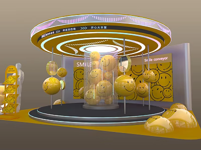 Round Yellow Smile Face Exhibition Booth With Spherical Decorations And Lighting 3d model