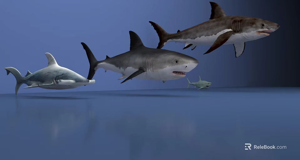 Different Sizes of Sharks Swimming Together in Blue Underwater Marine Environment 3d model 