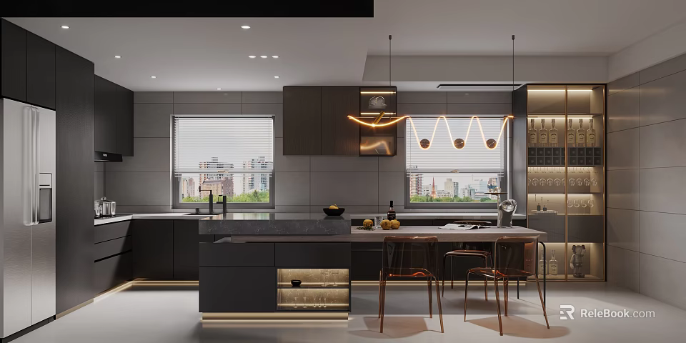 Modern Kitchen Interior With Dark Cabinets Island Counter Pendant Lights And Wooden Stools 3d model 