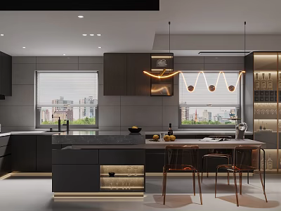 Modern Kitchen Interior With Dark Cabinets Island Counter Pendant Lights And Wooden Stools 3d model