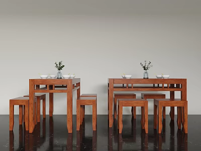 Natural Wooden Dining Table Set With Matching Chairs Vase Green Plant And Bowls 3d model