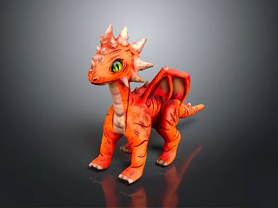 Fantasy Red Dragon With Green Eyes Spiked Head Textured Body Standing On Dark Surface 3d model