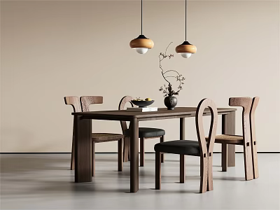 Wooden Dining Table Set With Four Chairs Pendant Lights Dried Flower Vase And Light Wall 3d model