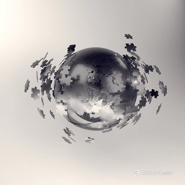 Modern Decorative Ornament Set With Transparent Sphere And Floating Puzzle Pieces 3d model 