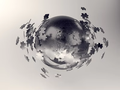 Modern Decorative Ornament Set With Transparent Sphere And Floating Puzzle Pieces 3d model