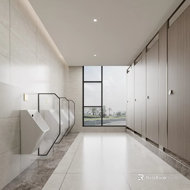 Modern Public Restroom With White Tile Walls Urinal Stalls Large Window And Bright Space 3d model 