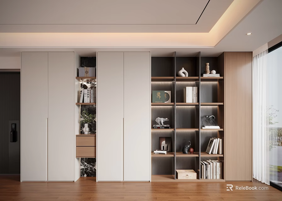 Modern Decorative Cabinet With Open Shelves Wooden White Design And Books Decorations 3d model 