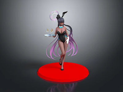 Game Movie Character With Black Bunny Ears Purple Long Hair Holding Tray On Red Base 3d model