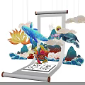 Traditional Chinese Scroll Art with Moon Whale Lotus Turtle Clouds Mountains and Waves
