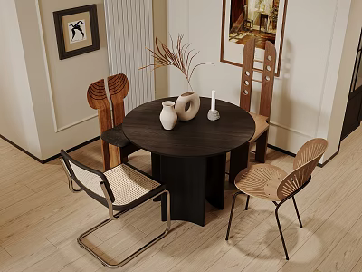 Modern Round Dark Wood Dining Table Set With Unique Chairs And Decorative Vase Candle 3d model