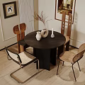 Modern Round Dark Wood Dining Table Set With Unique Chairs And Decorative Vase Candle