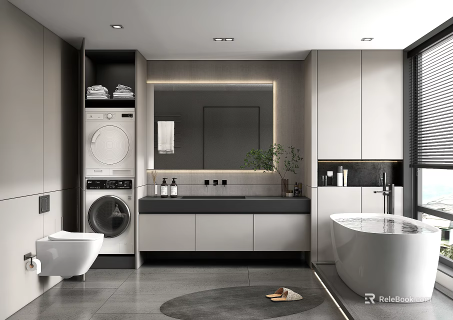 Modern Bathroom Interior Design With Washing Machine Dryer Large Mirror Bathtub And Grey Cabinets 3d model 