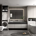 Modern Bathroom Interior Design With Washing Machine Dryer Large Mirror Bathtub And Grey Cabinets