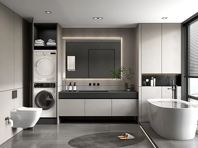 Modern Bathroom Interior Design With Washing Machine Dryer Large Mirror Bathtub And Grey Cabinets 3d model