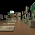 Display Cabinets and Shelves In Modern Exhibition Hall With Glass Metal Frames And Product Showcases