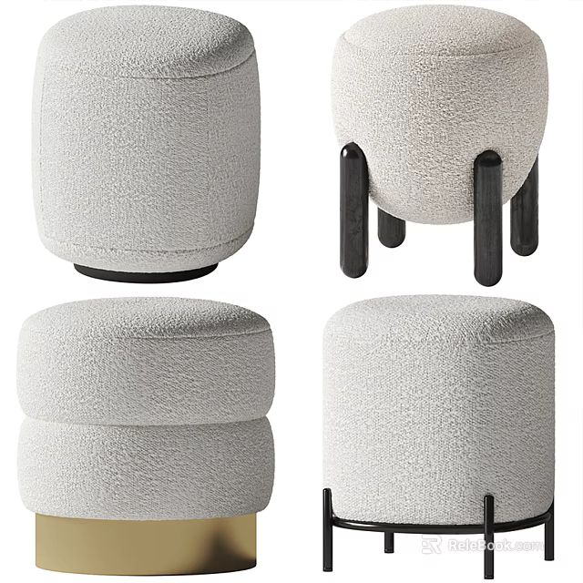 Round Light Beige Fabric Sofa Stool With Black Legs For Living Room 3d model 