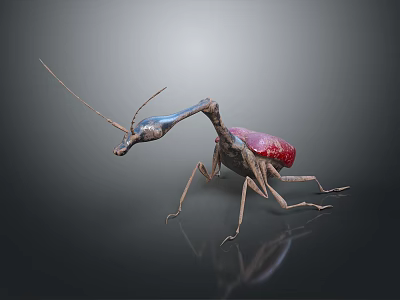 3D Mantis Model With Red Body Blue Head Long Legs And Antennae On Dark Background 3d model