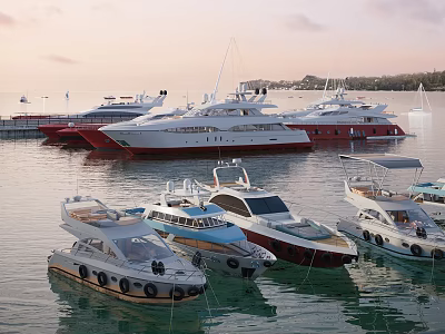 Multiple Luxury Yachts Moored On Calm Water With Larger Vessels And Cloudy Sky Background 3d model