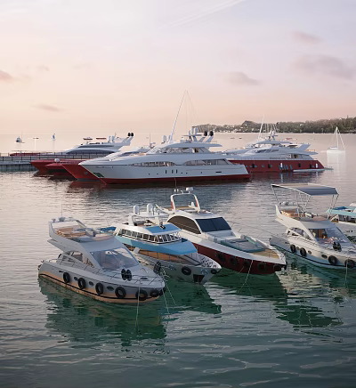 Multiple Luxury Yachts Moored On Calm Water With Larger Vessels And Cloudy Sky Background 3d model