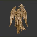 Golden Female Statue With Wings And Armor Holding Scepter On Black Background