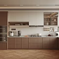 Modern Kitchen With Wooden White Cabinets Island Counter Appliances And Herringbone Flooring
