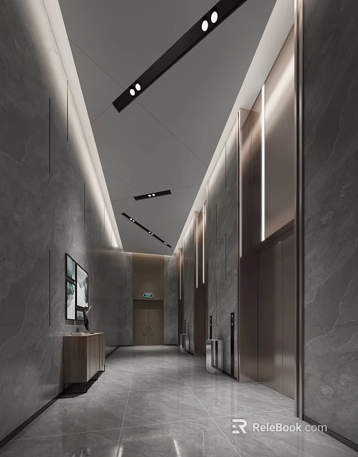 Modern Elevator Lobby Interior With Marble Walls LED Strip Lights Elevator Doors And Decorative Artwork 3d model