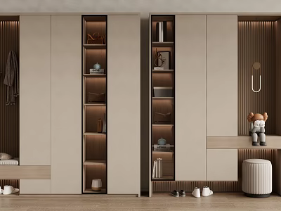 Modern Shoe Cabinet With Multiple Storage Shelves Decorative Bear Figurine Hanging Hooks And Stool 3d model