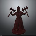 Red Man Statue Holding Two Axes With Flame Like Headpiece In Long Robes On Base