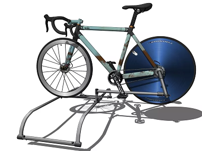 Light Blue Frame Road Bike On Indoor Training Stand With Blue Disc Wheel 3d model