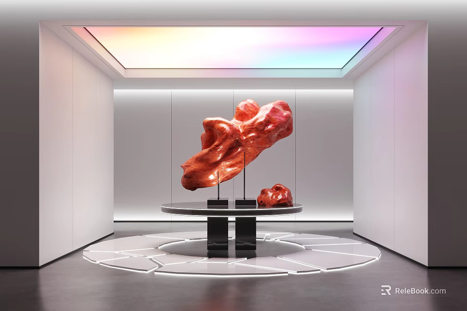 Striking Red Sculpture Carving in Contemporary Gallery with Circular Floor Lighting and Colorful Ceiling 3d model 