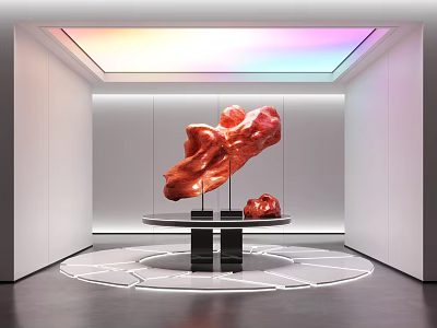 Striking Red Sculpture Carving in Contemporary Gallery with Circular Floor Lighting and Colorful Ceiling 3d model