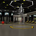 Fitness Studio With Rows Of Spin Bikes Wooden Floor Colored Ceiling Lights And Person Riding