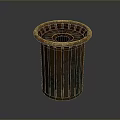 Rustic Brown Metal Trash Can With Striped Design Hollow Top Edge And Cylindrical Shape