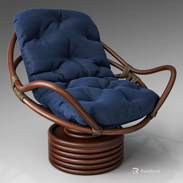 Comfortable Outdoor Chair With Blue Cushion And Brown Wicker Swivel Base 3d model 