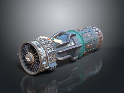 Detailed Aero Engine Model With Turbine Blades RB 985 Green Casing And Pipes 3d model