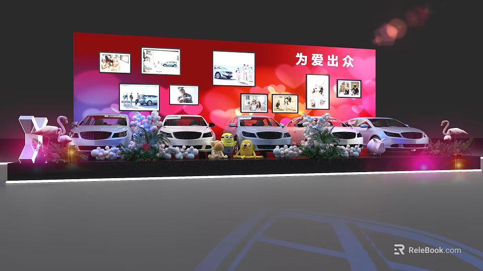 Car Show Event Setup With Red Background Screens White Vehicles And Flower Decorations 3d model 